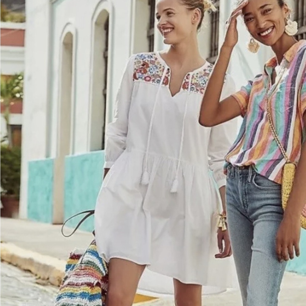 J.Crew Farmers Market Cotton Poplin Floral Embroidery Tunic Dress XS White Boho
